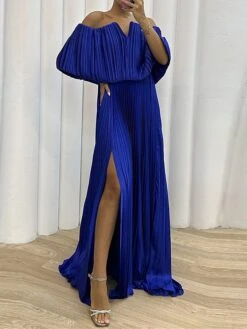 Women's Prom Dress Party Dress Satin Dress Long Dress Maxi Dress Black Yellow Wine Half Sleeve Pure Color Pleated Spring Fall Winter Off Shoulder Fashion Wedding Guest Birthday Evening Party 2023 S M -Tesla Style lumubw1696926224764