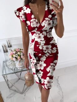 Women's Sheath Dress Midi Dress Safflower On White White Flowers On Black Tie Dye Short Sleeve Print Print Summer Spring V Neck Sexy 2023 S M L XL XXL XXXL -Tesla Style lvdpuc1694504498067