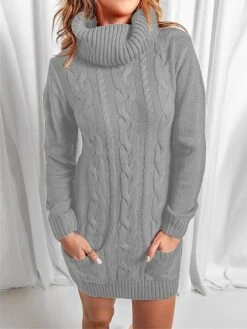 Women‘s Sweater Dress Winter Dress Jumper Dress Mini Dress Pocket Outdoor Street Daily Fashion Streetwear Turtleneck Long Sleeve 2023 Loose Fit Black Red Khaki Color S M L XL XXL Size -Tesla Style lvyjzb1694056904388