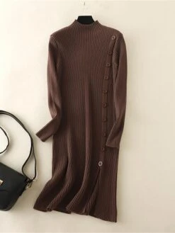 Women's Sweater Dress Jumper Dress Winter Dress Mini Dress Warm Plain Outdoor Daily Vacation Going Out Turtleneck Long Sleeve Button 2023 Slim Black Brown Khaki One Size -Tesla Style lwfqbk1697767797527