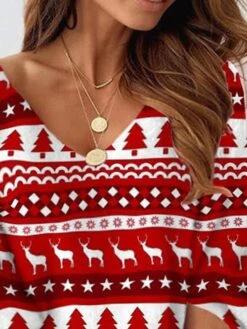 Women's Christmas Sweatshirt Dress Shift Dress Sweat Dress Mini Dress Red 3/4 Length Sleeve Elk Print Winter Fall Spring V Neck Fashion Christmas Loose Fit 2022 S M L XL XXL 3XL -Tesla Style lwgmbp1667798063498