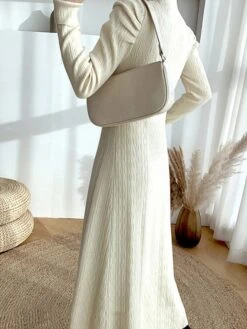 Women's Sweater Dress Jumper Dress Casual Dress Long Dress Maxi Dress Active Pure Color Outdoor Casual Holiday Vacation Turtleneck Long Sleeve 2023 Regular Fit Black Beige M -Tesla Style lwjdjw1692616013750