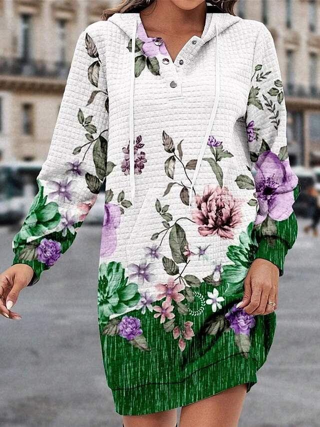 Women's Casual Dress Hoodie Dress Winter Dress Floral Button Print Hooded Mini Dress Fashion Streetwear Outdoor Daily Long Sleeve Regular Fit Wine Blue Green Fall Winter S M L XL XXL 5 Women's Casual Dress Hoodie Dress Winter Dress Floral Button Print Hooded Mini Dress Fashion Streetwear Outdoor Daily Long Sleeve Regular Fit Wine Blue Green Fall Winter S M L XL XXL - Image 3