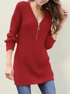 Women's Sweater Dress Jumper Dress Casual Dress Mini Dress Warm Pure Color Outdoor Casual Daily V Neck Long Sleeve Zipper 2023 Loose Fit Black White Red S M L XL XXL 3XL -Tesla Style lwmzdv1692339712150