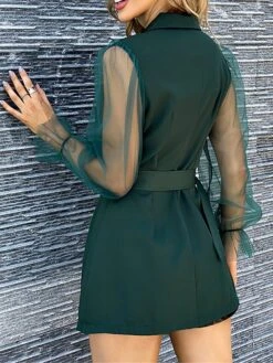 Women's Work Dress Blazer Dress Sheath Dress Fashion Office Daily Workfashion Mesh Sleeve Mini Dress Mesh Button Shirt Collar Long Sleeve Plain Regular Fit Black Dark Green Green Fall Winter S M L -Tesla Style lwnlfe1697711842384