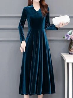 Women‘s Party Dress Wedding Guest Dress Velvet Dress Work Dress Midi Dress Black Wine Royal Blue Long Sleeve Pure Color Ruched Winter Fall Spring V Neck Fashion Spring Dress 2023 M L XL 2XL 3XL 4XL -Tesla Style lwogic1671789635493