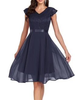 Women's Party Dress Lace Dress Cocktail Dress Midi Dress Pink Wine Navy Blue Short Sleeve Pure Color Lace Spring Fall Winter V Neck Fashion Winter Dress Wedding Guest Vacation 2023 S M L XL XXL -Tesla Style lwpsbl1692179080006