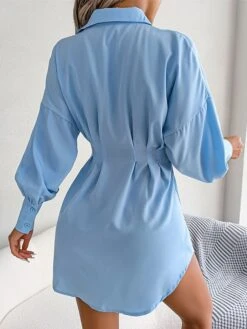 Women's Work Dress White Dress Semi Formal Dress Fashion Office Daily Workfashion Mini Dress Ruched Button Shirt Collar Long Sleeve Plain Loose Fit White Blue Army Green Fall Winter S M L XL -Tesla Style lyswvr1695026961033