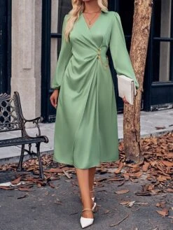 Women's Party Dress Cocktail Dress Satin Dress Midi Dress Champagne Brown Green Long Sleeve Pure Color Ruched Fall Winter Autumn Shirt Collar Fashion Wedding Guest Birthday Vacation 2023 S M L XL -Tesla Style lyuwwp1696077345449