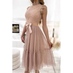 Women's Party Dress Lace Dress Homecoming Dress Midi Dress Black White Pink Sleeveless Pure Color Patchwork Summer Spring Fall Stand Collar Fashion Party Birthday Wedding Guest 2023 S M L XL XXL -Tesla Style lywmyb1676871861877