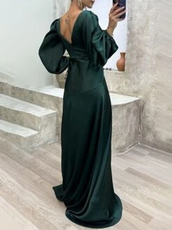 Women's Prom Dress Party Dress Satin Dress Long Dress Maxi Dress Wine Purple Green Long Sleeve Pure Color Lace Up Fall Winter Autumn V Neck Fashion Winter Dress Evening Party Vacation 2023 S M L XL -Tesla Style lyyzps1694596890548