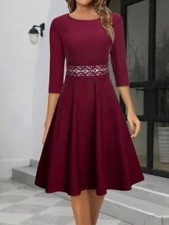 Women's Party Dress Cocktail Dress Wedding Guest Dress Midi Dress Wine Long Sleeve Pure Color Lace Spring Fall Winter Crew Neck Fashion Winter Dress Christmas Wedding Guest S M L XL XXL 3XL -Tesla Style lzayqa1697183118261