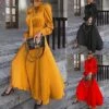 Women‘s Party Dress Wedding Guest Dress Satin Dress Swing Dress Long Dress Maxi Dress Black Yellow Red Long Sleeve Pure Color Lace Up Fall Autumn Stand Collar Modern Winter Dress 2023 S M L XL XXL -Tesla Style lzcziq1677845212185