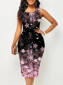 Women's Work Sweater Dress Sheath Sweater Dress Semi Formal Sweater Dress Fashion Midi Sweater Dress Print Crew Neck Sleeveless Floral Slim Yellow Pink Red Summer Spring S M L XL XXL