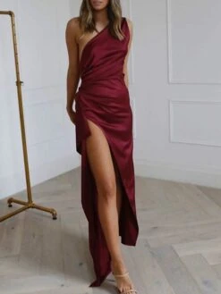 Women's Party Dress Satin Dress Sheath Dress Long Dress Maxi Dress Black Wine Beige Sleeveless Pure Color Backless Spring Summer One Shoulder Modern Slim 2023 S M L XL -Tesla Style makusk1650019489843
