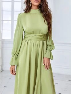 Women's Prom Dress Party Dress Satin Dress Long Dress Maxi Dress Green Long Sleeve Pure Color Strappy Spring Fall Winter Stand Collar Fashion Winter Dress Evening Party Wedding Guest 2023 S M L XL -Tesla Style manxtr1693390905473