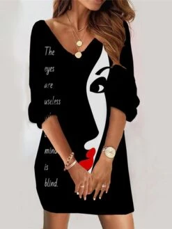 Women's Casual Dress Sweatshirt Dress Bodycon Mini Dress Black White Dark Gray 3/4 Length Sleeve Letter Print Summer Spring V Neck Vacation Loose Fit 2023 S M L XL XXL 3XL 4XL 5XL -Tesla Style maozyd1661312661992