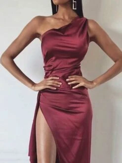 Women's Party Dress Satin Dress Sheath Dress Long Dress Maxi Dress Black Wine Beige Sleeveless Pure Color Backless Spring Summer One Shoulder Modern Slim 2023 S M L XL -Tesla Style mauzgq1650019493658