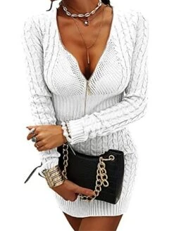 Women's Sweater Dress Jumper Dress Sheath Dress Mini Dress Warm Pure Color Outdoor Casual Holiday Going Out V Neck Long Sleeve Zipper 2023 Slim Black White Pink S M L XL XXL 3XL -Tesla Style mbfntd1694166172247