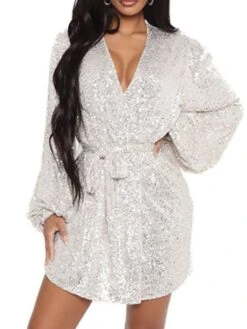 Women‘s Christmas Sequin Dress Homecoming Dress Mini Dress White Red Long Sleeve Pure Color Sequins Lace Up Fall V Neck Casual Party 2023 S M L XL XXL / Party Dress -Tesla Style mbjbdp1635323259433