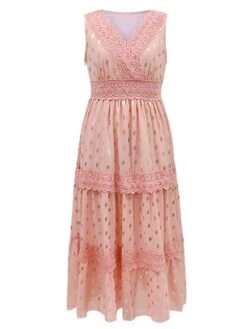 Women's Party Dress Lace Dress Swing Dress Long Dress Maxi Dress White Yellow Pink Sleeveless Polka Dot Lace Summer Spring V Neck Vacation Regular Fit 2023 S M L XL XXL -Tesla Style mbklfv1679637311317