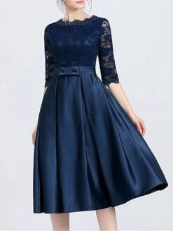 Women‘s Party Dress Wedding Guest Dress Lace Dress Swing Dress Midi Dress Navy Blue 3/4 Length Sleeve Pure Color Lace Winter Fall Spring Crew Neck Fashion Party Spring Dress 2023 XS S M L XL XXL 3XL -Tesla Style mbuctl1672050518373