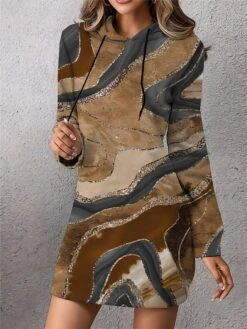 Women's Casual Dress Print Dress Spring Dress Ombre Marble Print Pocket Print Hooded Mini Dress Fashion Streetwear Outdoor Daily Long Sleeve Loose Fit Blue Brown Green Spring Fall S M L XL XXL