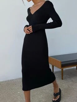 Women's Sweater Dress Jumper Dress Casual Dress Midi Dress Fashion Pure Color Outdoor Vacation Going Out V Neck Long Sleeve 2023 Regular Fit Black Pink Blue S M L -Tesla Style mcgyls1697538593770