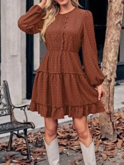 Women's Work Dress Casual Dress Fashion Winter Dress Daily Mini Dress Ruched Ruffle Crew Neck Long Sleeve Plain Loose Fit Brown Army Green Apricot Fall Winter S M L XL -Tesla Style mcpbem1695645252516