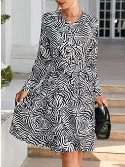 Women's Work Dress Semi Formal Dress A Line Dress Fashion Mini Dress Lace Up Button V Neck Long Sleeve Leopard Color Block Regular Fit Black White Red Fall S M L XL XXL -Tesla Style mcsqju1693300602543