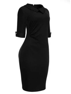 Women's Work Dress Party Dress Sheath Dress Fashion Midi Dress Button Lapel Half Sleeve Plain Slim Black Wine Navy Blue Summer Spring S M L XL XXL -Tesla Style mdlgcy1672999715663