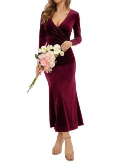 Women‘s Christmas Prom Dress Party Dress Velvet Dress Long Dress Maxi Dress Black Wine Dark Green Long Sleeve Pure Color Ruched Spring Fall Winter V Neck Fashion Winter Dress Birthday Evening Party -Tesla Style mdunla1691402334008