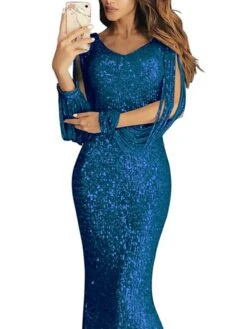 Women's Party Dress Fringe Dress Sequin Dress Long Dress Maxi Dress Silver Black Pink Long Sleeve Pure Color Sequins Spring Fall Winter Crew Neck Elegant Party Winter Dress Wedding Guest 2023 S M L -Tesla Style medjbx1691114464500