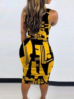 Women's Work Dress Sheath Dress Semi Formal Dress Fashion Midi Dress Print Crew Neck Sleeveless Geometric Plaid Regular Fit Yellow Red Brown Summer Spring S M L XL XXL -Tesla Style meewnq1678431531761