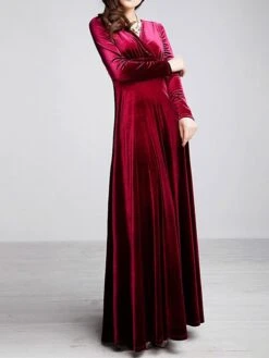 Women‘s Party Dress Wedding Guest Dress Velvet Dress Long Dress Maxi Dress Black Wine Royal Blue Long Sleeve Pure Color Ruched Fall Spring V Neck Fashion Party Winter Dress Evening Party 2023 S M L XL -Tesla Style mehgzm1664516295869