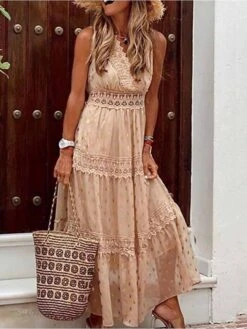 Women's Party Dress Lace Dress Swing Dress Long Dress Maxi Dress White Yellow Pink Sleeveless Polka Dot Lace Summer Spring V Neck Vacation Regular Fit 2023 S M L XL XXL -Tesla Style meweas1627891711845
