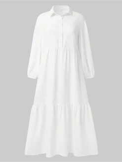 Women's Work Dress Satin Dress Swing Dress Fashion Midi Dress Ruffle Button Shirt Collar Long Sleeve Plain Loose Fit White Fall Winter S M L XL XXL -Tesla Style mfbsuy1693299608228