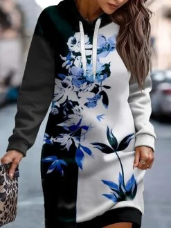 Women's Casual Dress Hoodie Dress Mini Dress Warm Fashion Outdoor Holiday Vacation V Neck Print Floral Loose Fit Red Blue Orange S M L XL XXL -Tesla Style mfnrfi1695278373995
