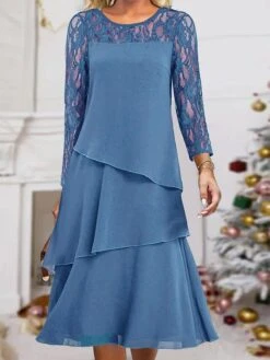 Women's Party Dress Lace Dress Cocktail Dress Midi Dress Wine Navy Blue Long Sleeve Pure Color Lace Spring Fall Winter Crew Neck Fashion Wedding Guest Vacation 2023 S M L XL XXL 3XL -Tesla Style mfzshy1696996456110