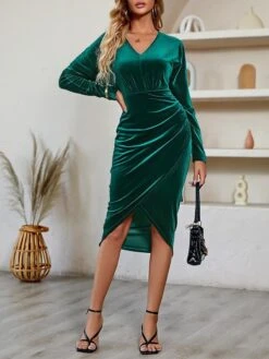 Women‘s Prom Dress Party Dress Velvet Dress Black Dress Midi Dress Wine Green Long Sleeve Pure Color Ruched Spring Fall Winter V Neck Fashion Winter Dress Evening Party Wedding Guest 2023 -Tesla Style mgidtg1692167784469