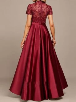 Women's Prom Dress Party Dress Swing Dress Long Dress Maxi Dress Wine Short Sleeve Pure Color Lace Summer Spring Fall Stand Collar Fashion Birthday Evening Party Wedding Guest 2023 S M L XL -Tesla Style mgizaz1677207639759