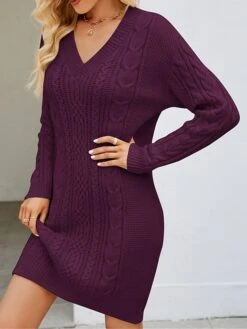 Women's Sweater Dress Winter Dress Jumper Dress Mini Dress Ruched Outdoor Street Daily Fashion Streetwear V Neck Long Sleeve 2023 Loose Fit Dark Green Purple Dark Blue Color S M L XL XXL Size -Tesla Style mgsbol1692081739075