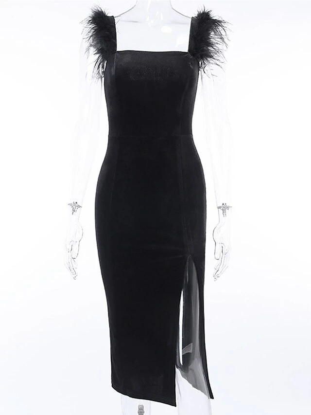 Women's Party Dress Velvet Dress Feather Dress Midi Dress Black Sleeveless Pure Color Split Spring Fall Winter Square Neck Fashion Winter Dress Evening Party Wedding Guest 2023 S M L 7 Women's Party Dress Velvet Dress Feather Dress Midi Dress Black Sleeveless Pure Color Split Spring Fall Winter Square Neck Fashion Winter Dress Evening Party Wedding Guest 2023 S M L - Image 5