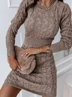 Women's Sweater Dress Winter Dress Jumper Dress Mini Dress Active Pure Color Outdoor Casual Holiday Vacation Crew Neck Long Sleeve 2023 Slim Brown S M L XL XXL 3XL -Tesla Style mgxffq1696991809709
