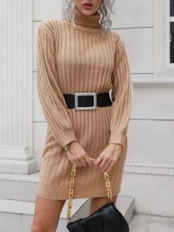 Women's Sweater Dress Jumper Dress Casual Dress Long Dress Maxi Dress Active Pure Color Outdoor Casual Holiday Vacation Turtleneck Long Sleeve Patchwork 2023 Loose Fit Green Khaki S M L -Tesla Style mhizgx1694427569887