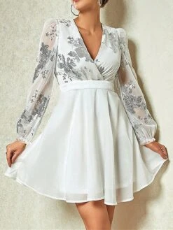 Women‘s Party Dress Homecoming Dress Cocktail Dress Mini Dress Black White Wine Long Sleeve Floral Sequins Sparkly Glitter Spring Fall Winter V Neck Fashion Wedding Guest Birthday Vacation Slim -Tesla Style mhvdwl1692682913806