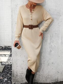 Women's Sweater Dress Jumper Dress Casual Dress Midi Dress Active Plain Outdoor Casual Holiday Vacation Crew Neck Long Sleeve Button 2023 Loose Fit Black White Purple S M L XL -Tesla Style mhvlmd1697595537241