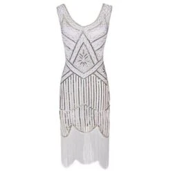 Women‘s Halloween Dress Party Dress Fringe Dress Knee Length Dress Black Gold Sapphire Silver Gray Khaki Green White Black Red Sleeveless Geometric Abstract Sequins Tassel Fringe Spring U Neck Elegant -Tesla Style mifcec1696850129658