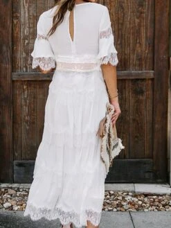 Women's Party Dress Lace Dress White Dress Midi Dress Black Pink White Half Sleeve Pure Color Lace Spring Summer V Neck S M L XL XXL -Tesla Style minnjl1635477856690