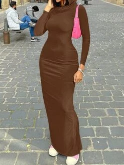 Women's Work Dress Casual Dress Sheath Dress Fashion Office Daily Long Dress Maxi Dress Ruched High Neck Long Sleeve Plain Regular Fit Black Purple Brown Spring Fall S M L -Tesla Style mixicf1694588271586
